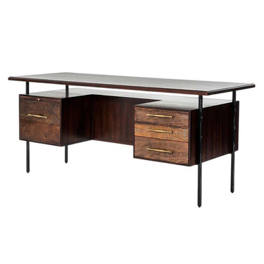 Shown from the back, Crate & Barrel Sedgwick Solid Acacia Wood Desk with Storage highlights its floating desktop, slim metal legs, and built-in storage drawers