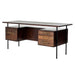 Shown from the back, Crate & Barrel Sedgwick Solid Acacia Wood Desk with Storage highlights its floating desktop, slim metal legs, and built-in storage drawers