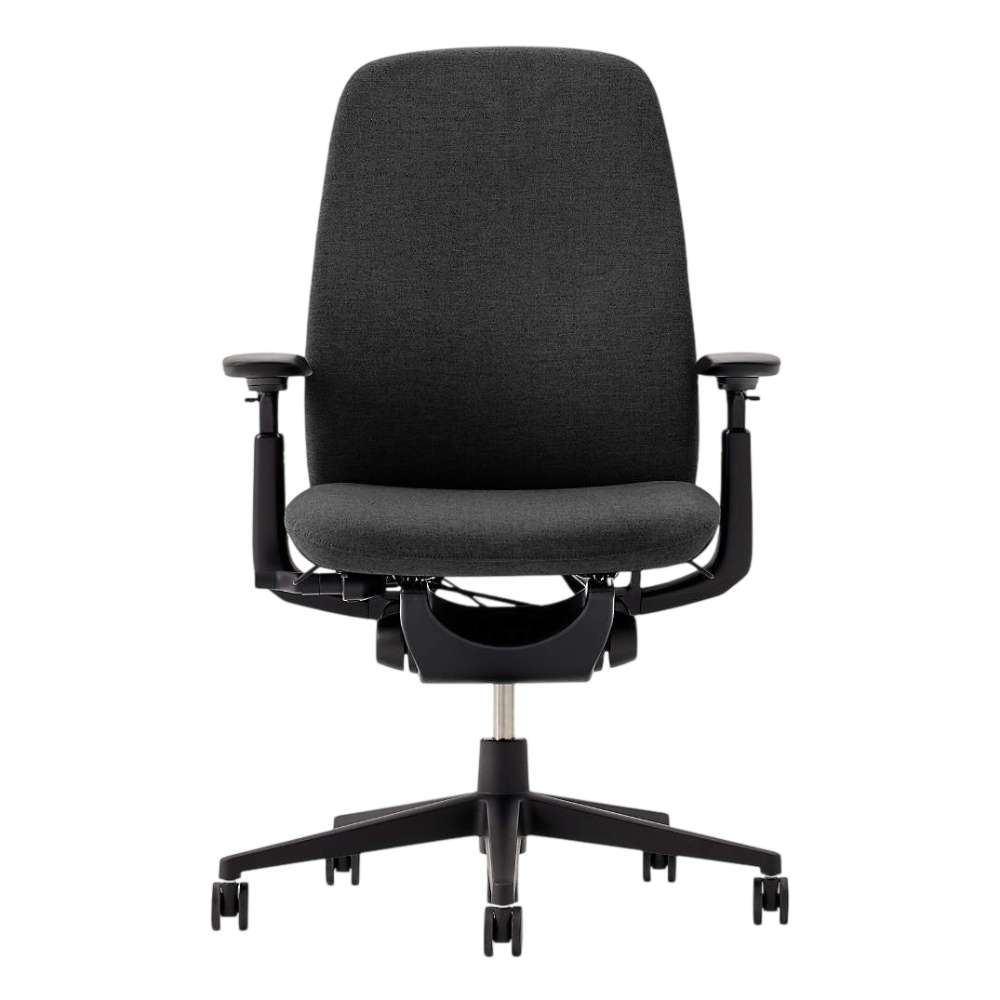 Shown from the front, Crate & Barrel Haworth Zody Upholstered Charcoal Office Chair includes a cushioned backrest, padded seat, and sturdy rolling base