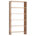 Shown on a white background, Crate & Barrel Terrazza 38" Natural Solid Oak Wood 5-Shelf Storage Bookshelf features five open shelves in a natural oak finish