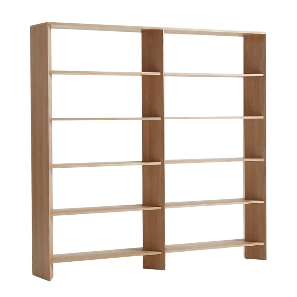 Shown on a white background, Crate & Barrel Terrazza Natural Oak 5-Shelf Bookcases, Set of 2 features two connected open bookcases with ten shelves in a natural oak finish