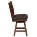 Shown from the side, the Fireside Lodge Barnwood Colonial Swivel Barstool has a thick cushion, sturdy legs, and a high backrest