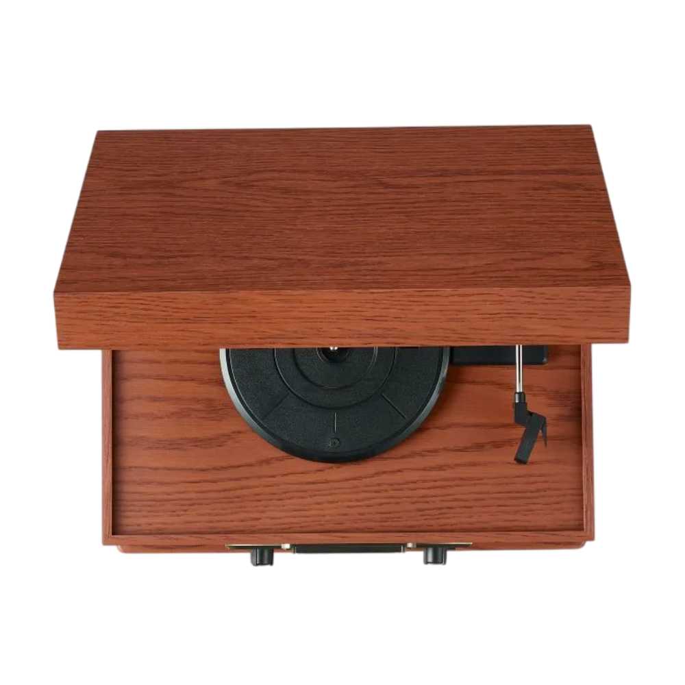 Shown from the top with the lid slightly open, the Crosley Musician Entertainment Center - Paprika reveals its turntable inside with the tonearm resting