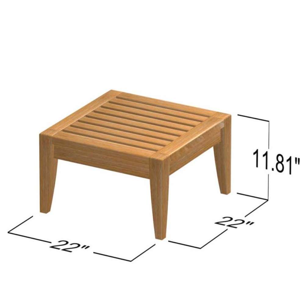 Siagram-style image of Westminster Teak Laguna Ottoman highlighting its square shape and approximate dimensions of 22 inches wide and 11.81 inches tall