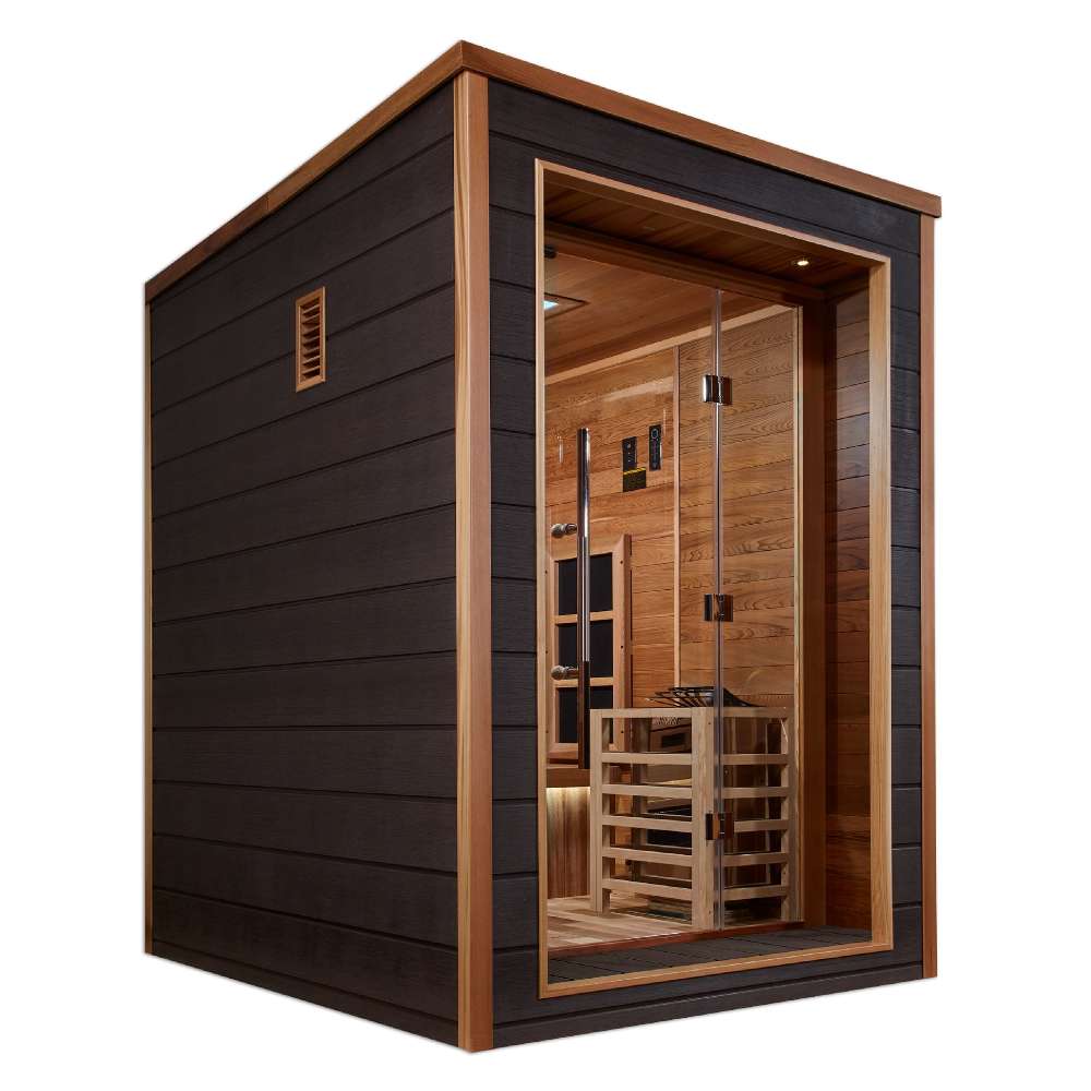 Side angle of Golden Designs Nora 2 Person Outdoor-Indoor PureTech Hybrid Full Spectrum Sauna showing its dark wall, glass corner and the guarded stove inside