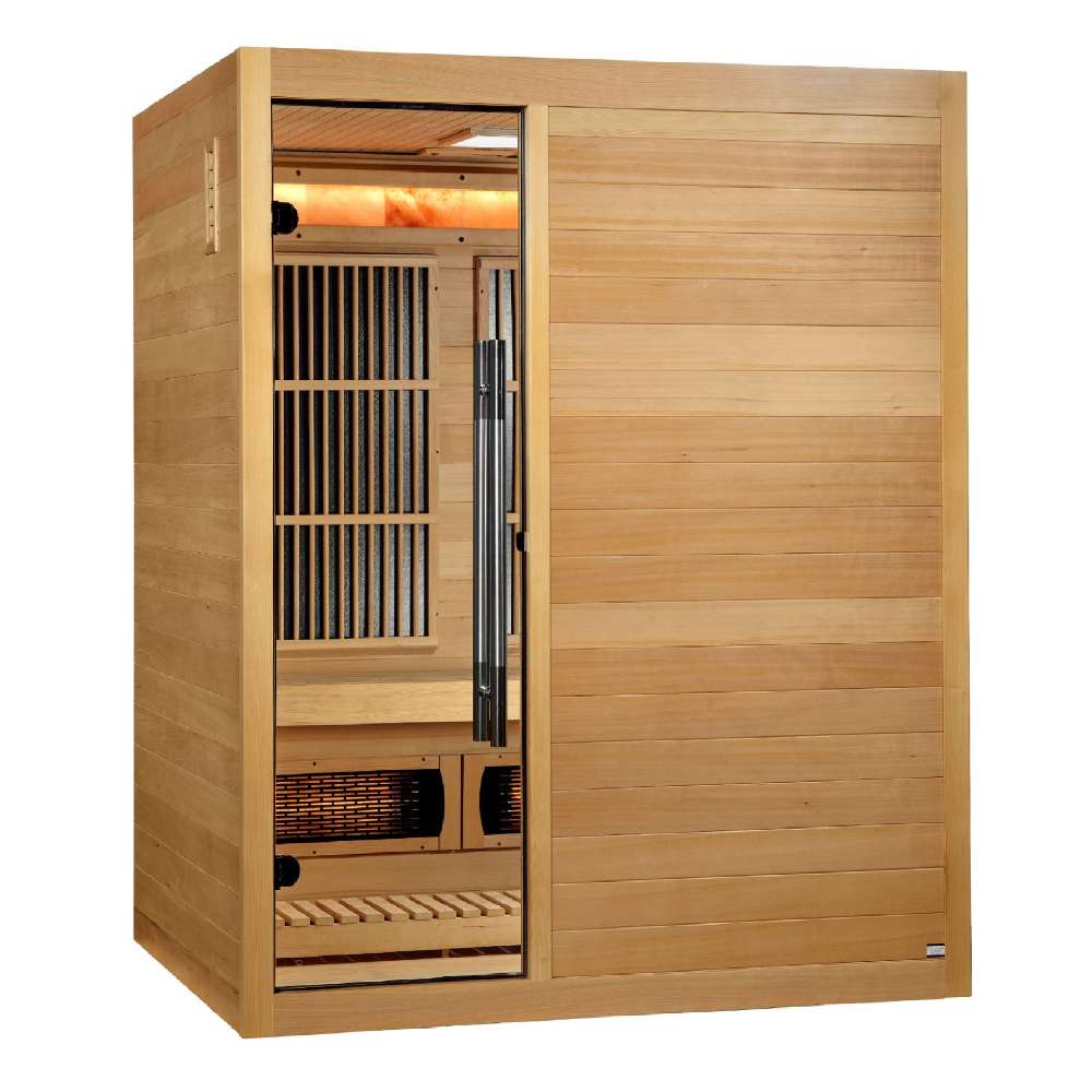 Side angle of Golden Designs Soria 3 Person Indoor Hybrid Sauna with Full Spectrum IR and Harvia Stove showing the glass door, carbon panels, salt bar glow and a near infrared heater