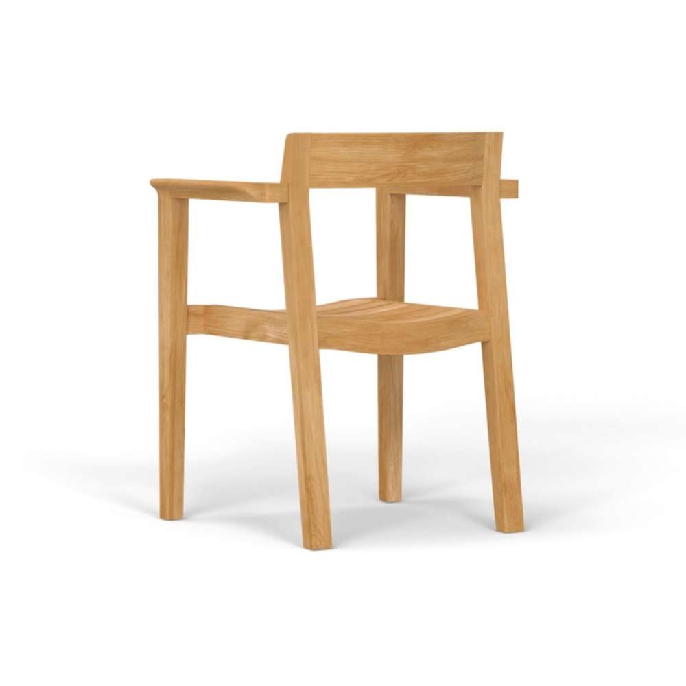 Side-angle view of Westminster Teak Horizon Teak Dining Armchair shows its slightly reclined back, curved seat slats, and sturdy legs