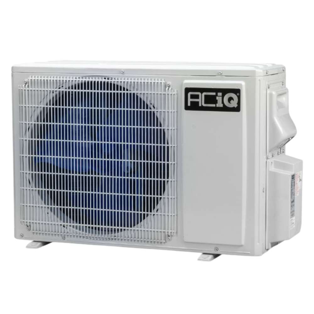 Side angle view of the white outdoor condenser with a blue fan grille and ACiQ badge from the ACiQ 24000 BTU Essentials 23 SEER2 2 Zone Wall Mount Mini Split Heat Pump System
