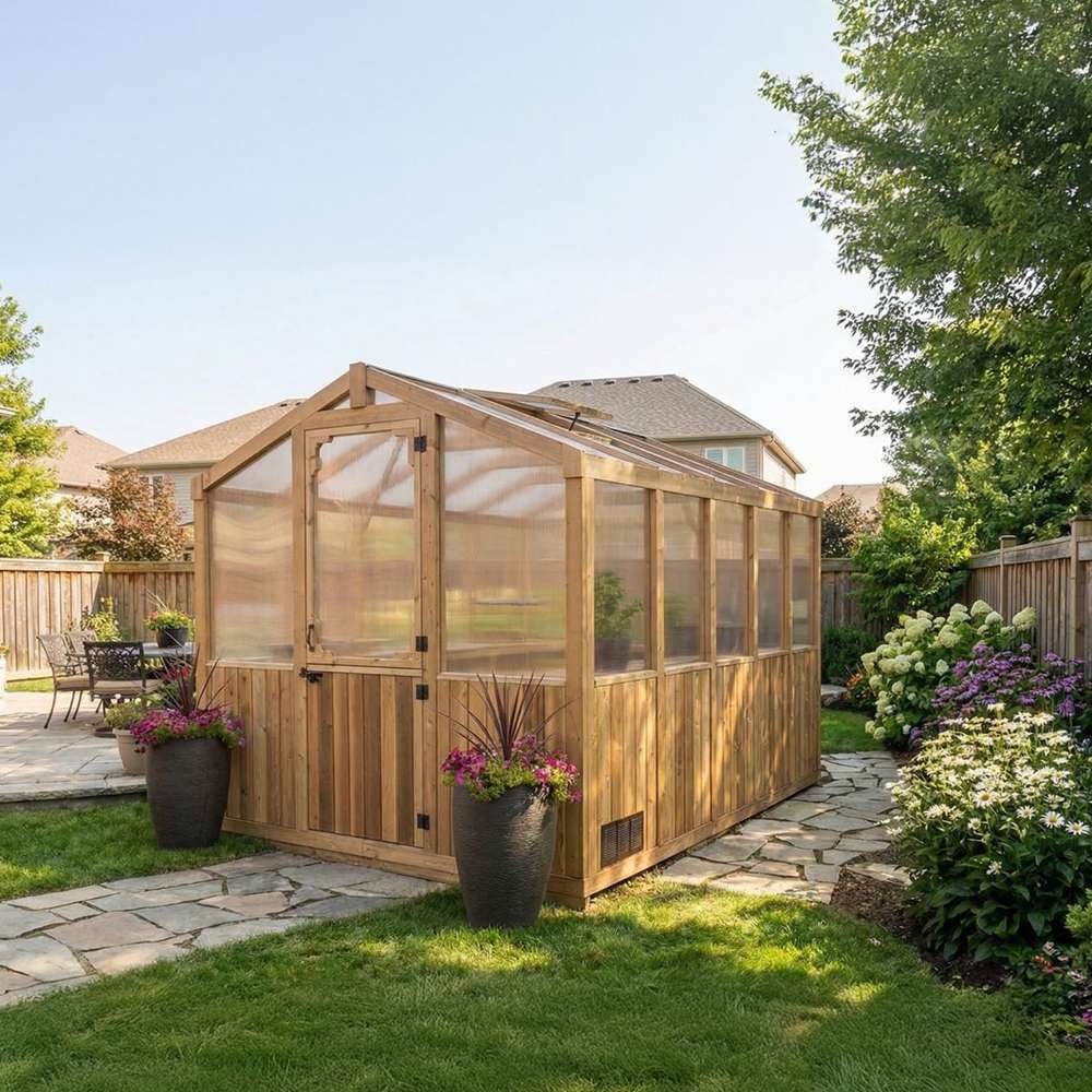 Side angle view shows the 8x8 Outdoor Living Today Western Red Cedar Greenhouse Kit surrounded by flowers and greenery