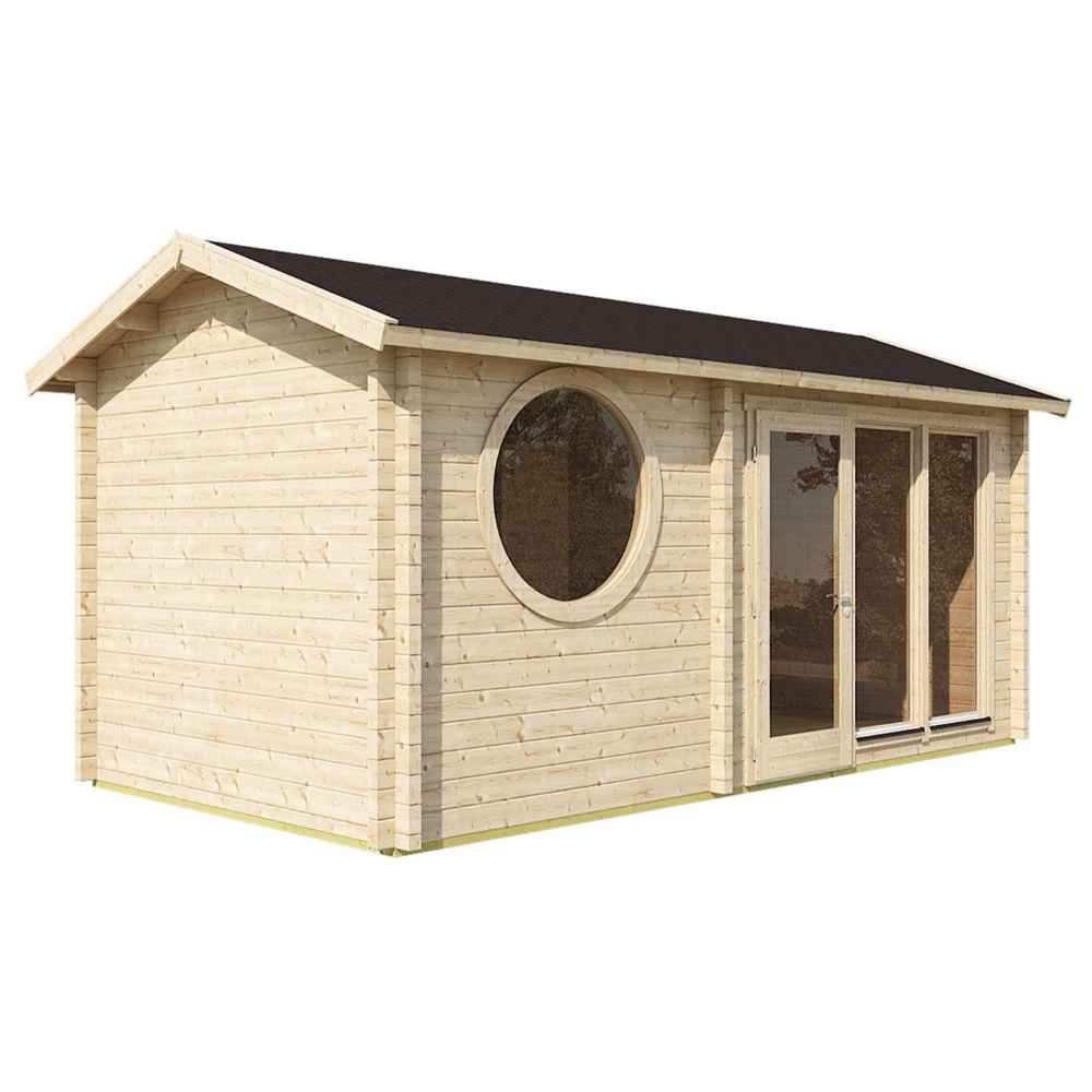 Side-angle view of the GardenHouse24 USA Sauna Sanna 90 Garden Room displays its round window and sleek glass doors under a dark gable roof