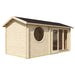 Side-angle view of the GardenHouse24 USA Sauna Sanna 90 Garden Room displays its round window and sleek glass doors under a dark gable roof