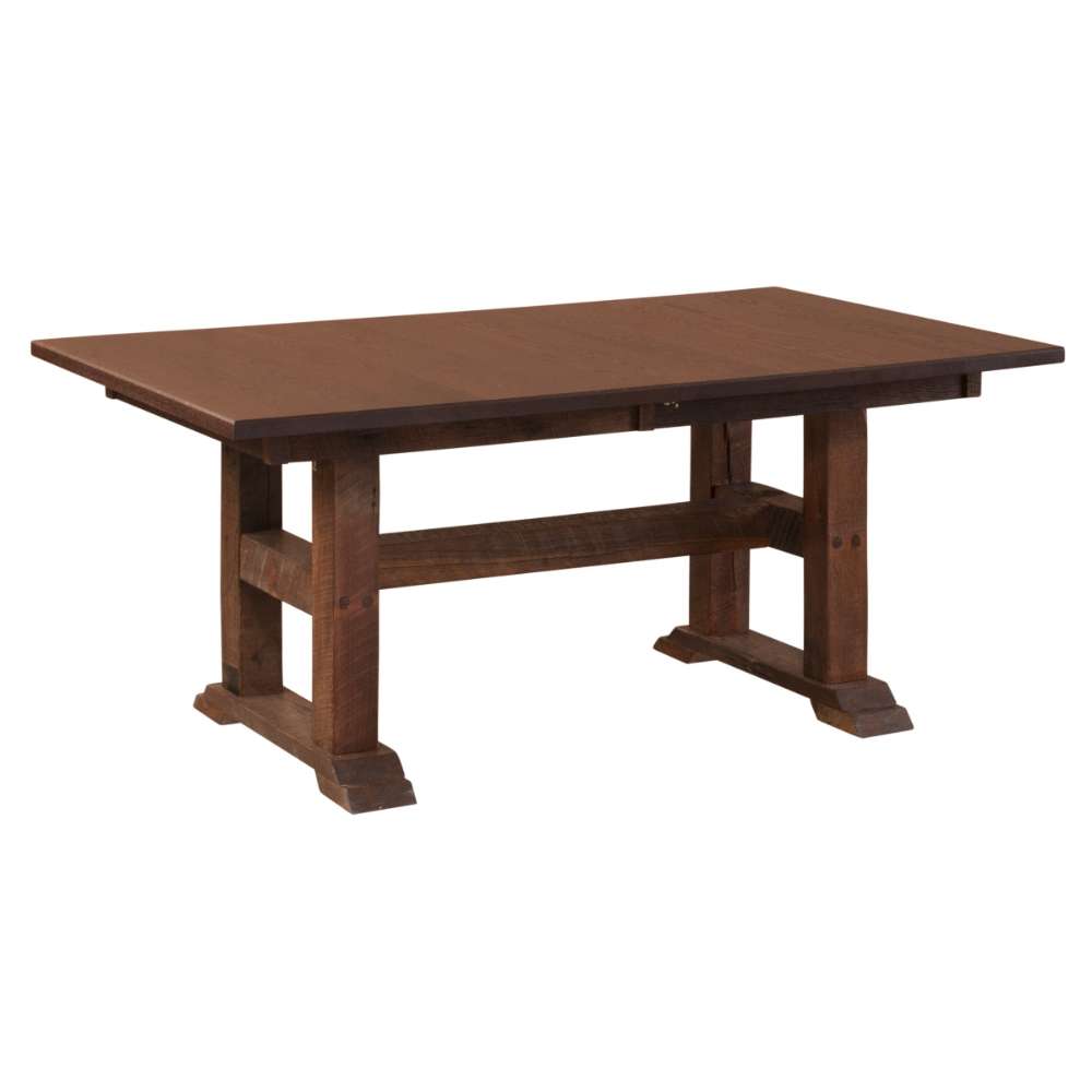 Side-angled view of Antique Oak Top Fireside Lodge Barnwood Extension Dining Table closed highlighting its thick wooden legs and rustic finish