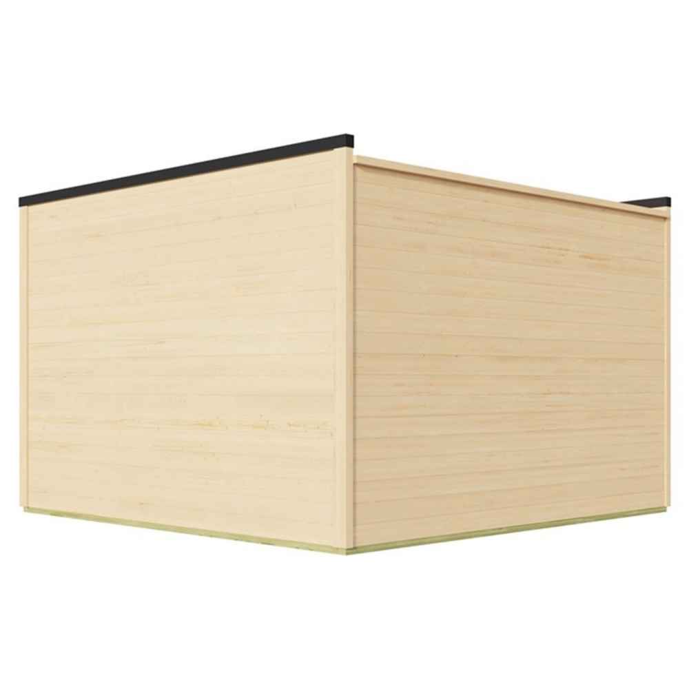 Side-back corner view of the GardenHouse24 USA Q Bic ALU 44A Garden Room highlights its seamless wooden panel construction and flat black-trimmed roof