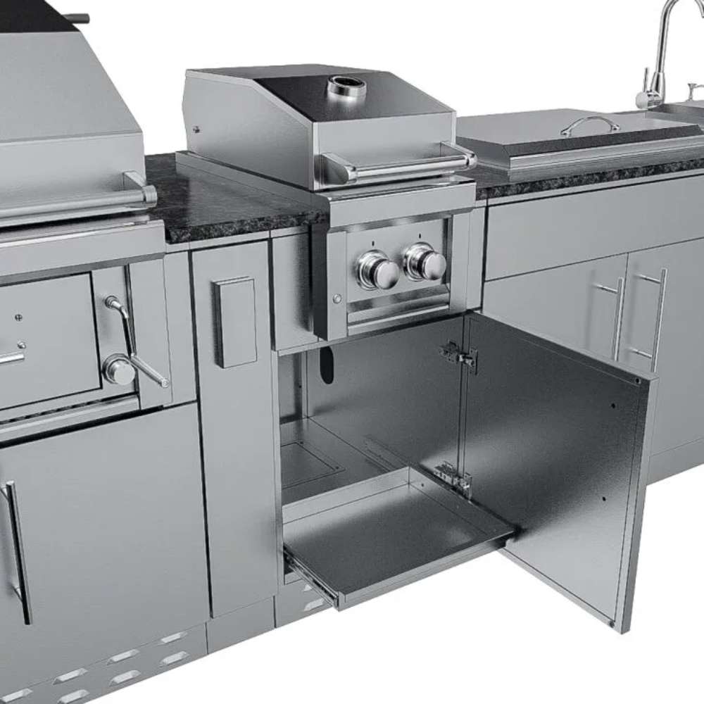 Side cabinet under the grill with an open door for storage in the Sunstone Alamo 10ft Outdoor Cabinet Island Package with Hybrid Grill