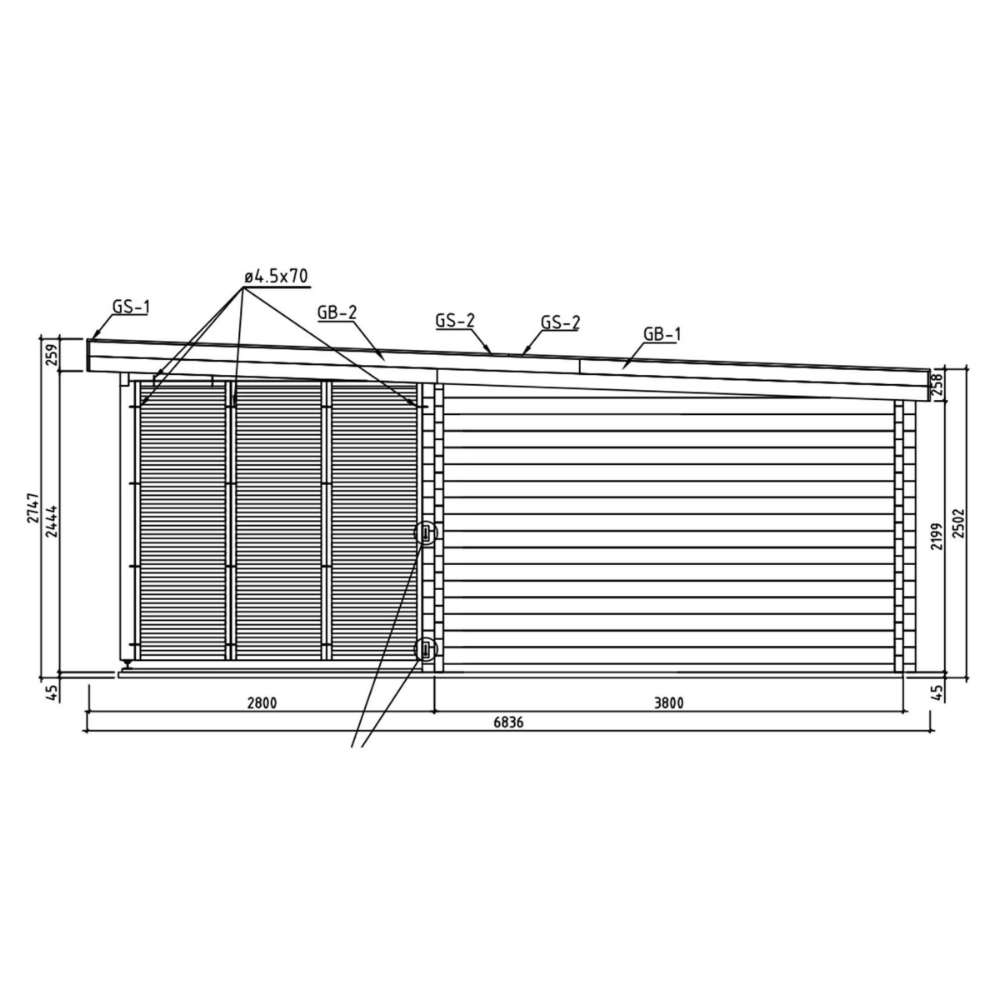 Side elevation drawing of GardenHouse24 USA Kaarlo 70 Garden Room shows a sloping roof, slatted terrace screen, and wall dimensions