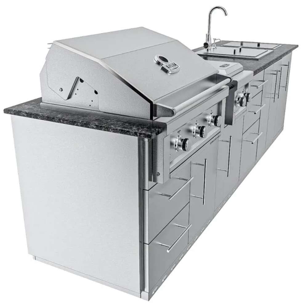 Side perspective of the Sunstone Magnolia 10ft Outdoor Kitchen Island Package focusing on grill controls and sink area