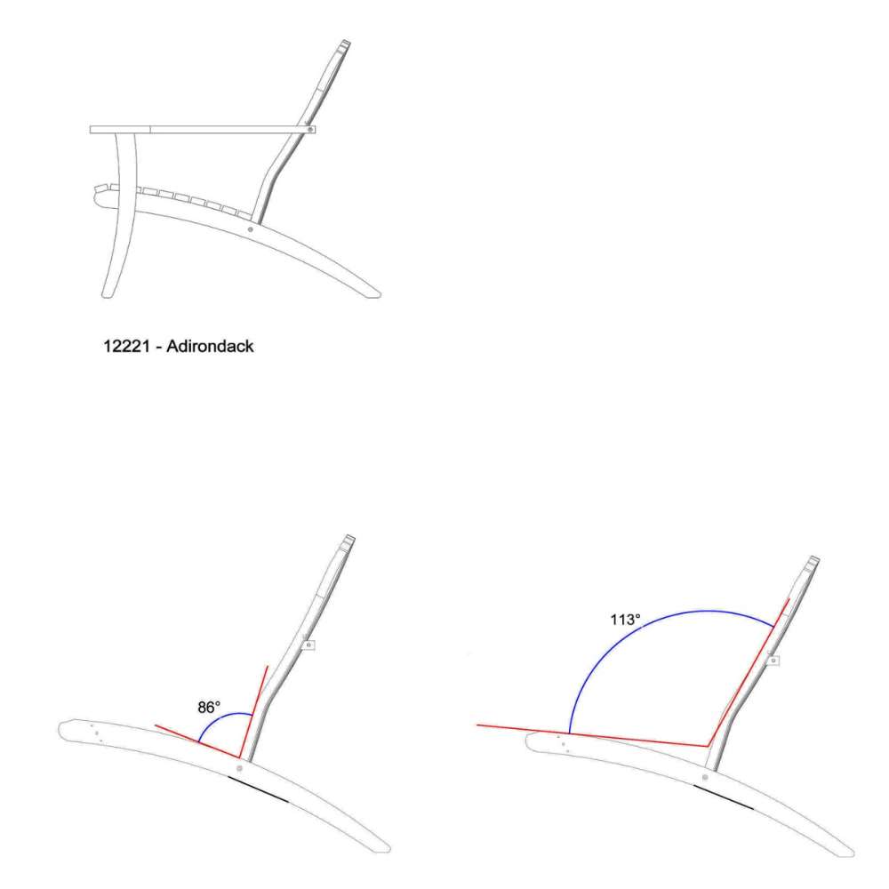 Side profile diagram of Westminster Teak Adirondack Lounger and Ottoman shows the chair’s curved base and reclined backrest design