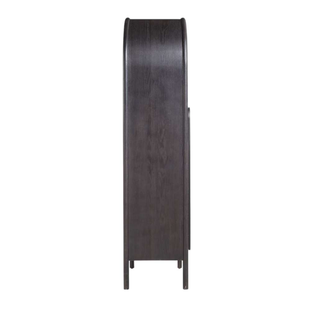Side profile of Crate & Barrel Annie 38" Charcoal Brown Storage Cabinet showcasing its slim depth and arched design