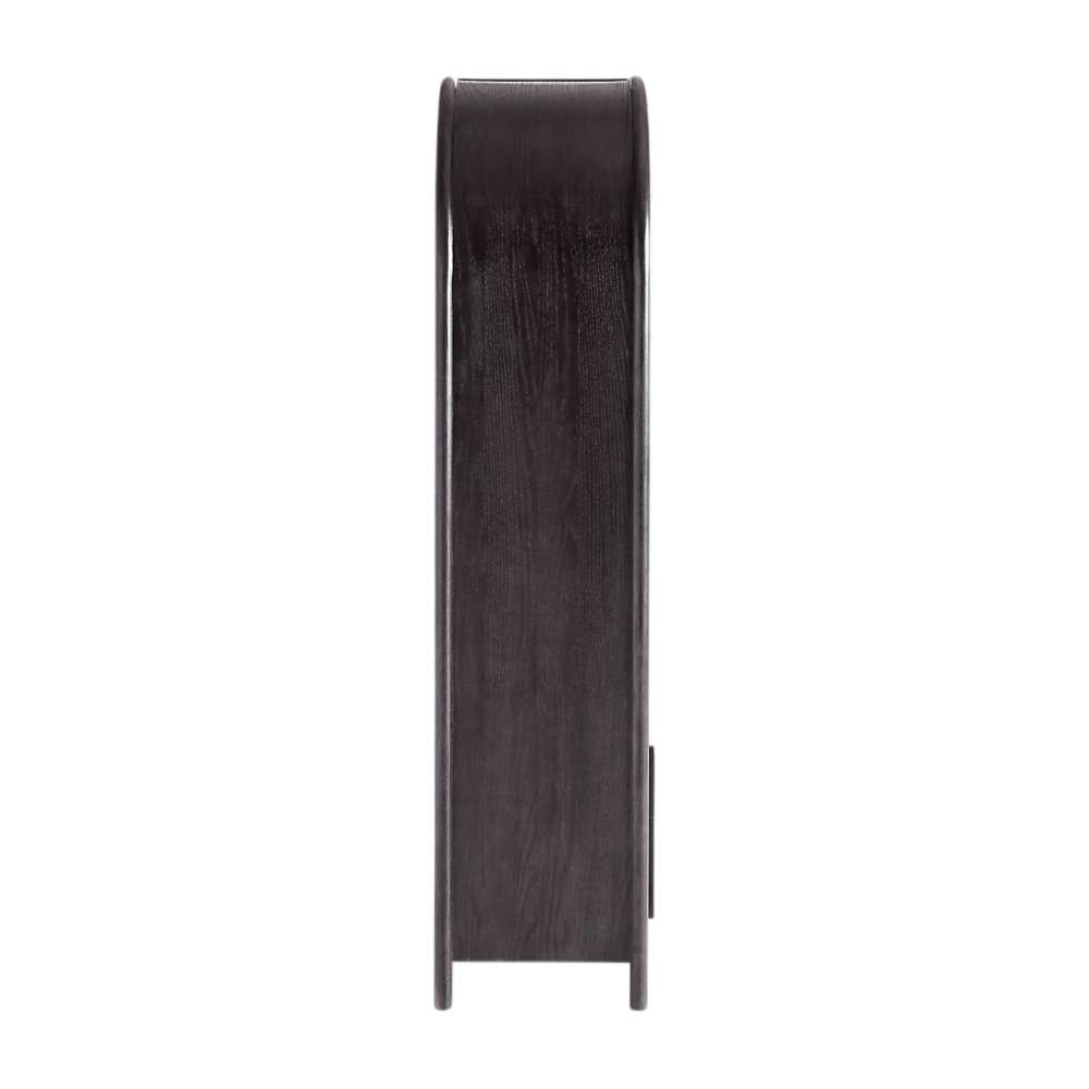 Side profile of Crate & Barrel Annie 38" Charcoal Brown Wood Storage Bookcase with Shelves highlighting its slim design and rounded arch