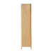 Side profile of Crate & Barrel Annie 38" Natural Wood Storage Bookcase with Shelves highlighting its slim design and rounded arch