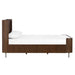 Side profile of Crate & Barrel Baylor Brown Ribbed Solid Oak Wood Queen Bed showcases the tall headboard, low footboard, and textured ribbed oak panels
