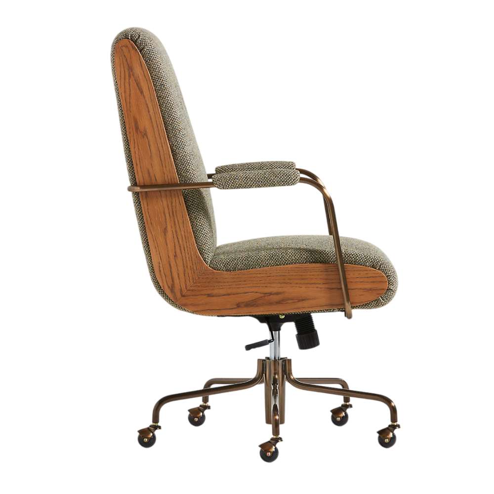 Side profile of Crate & Barrel Ellison Green Woven High-Back Office Chair showcasing its curved wood frame and adjustable design