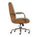 Side profile of Crate & Barrel Ellison Green Woven High-Back Office Chair showcasing its curved wood frame and adjustable design