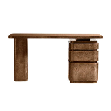 Side profile of Crate & Barrel Greye 60" Burl Wood Desk with Swivel Drawers featuring a sculptural base and concealed storage drawers