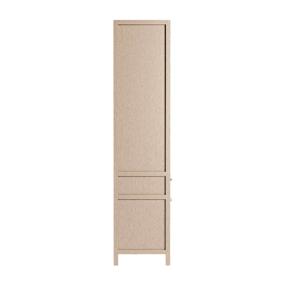 Side profile of Crate & Barrel Keane 40" Weathered Natural Wood Storage Bookcase highlighting its slim rectangular design and weathered wood finish