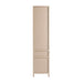 Side profile of Crate & Barrel Keane 40" Weathered Natural Wood Storage Bookcase highlighting its slim rectangular design and weathered wood finish