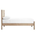 Side profile of Crate & Barrel Keane Weathered Natural Solid Wood Queen Bed showing the clean-lined wood frame and tall headboard