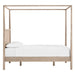 Side profile of Crate & Barrel Keane Weathered Natural Solid Wood Queen Canopy Bed showing the tall canopy frame and clean, minimalist design