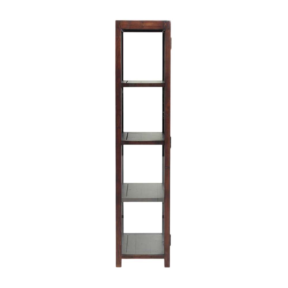 Side profile of Crate & Barrel Morris 36" Chocolate Brown Wood and Glass Bookcase Cabinet with glass panels and shelves