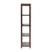 Side profile of Crate & Barrel Morris 36" Chocolate Brown Wood and Glass Bookcase Cabinet with glass panels and shelves