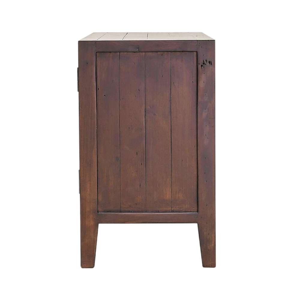 Side profile of Crate & Barrel Morris Chocolate Brown Credenza featuring solid wood panels and tapered legs