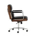 Side profile of Crate & Barrel Palmer Upholstered and Wood Paneled Office Chair with black leather seating, wood paneling, and a rolling base