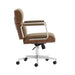 Side profile of Crate & Barrel Palmer Upholstered and Wood Paneled Office Chair with patterned fabric, wood panels, chrome arms, and a swivel base