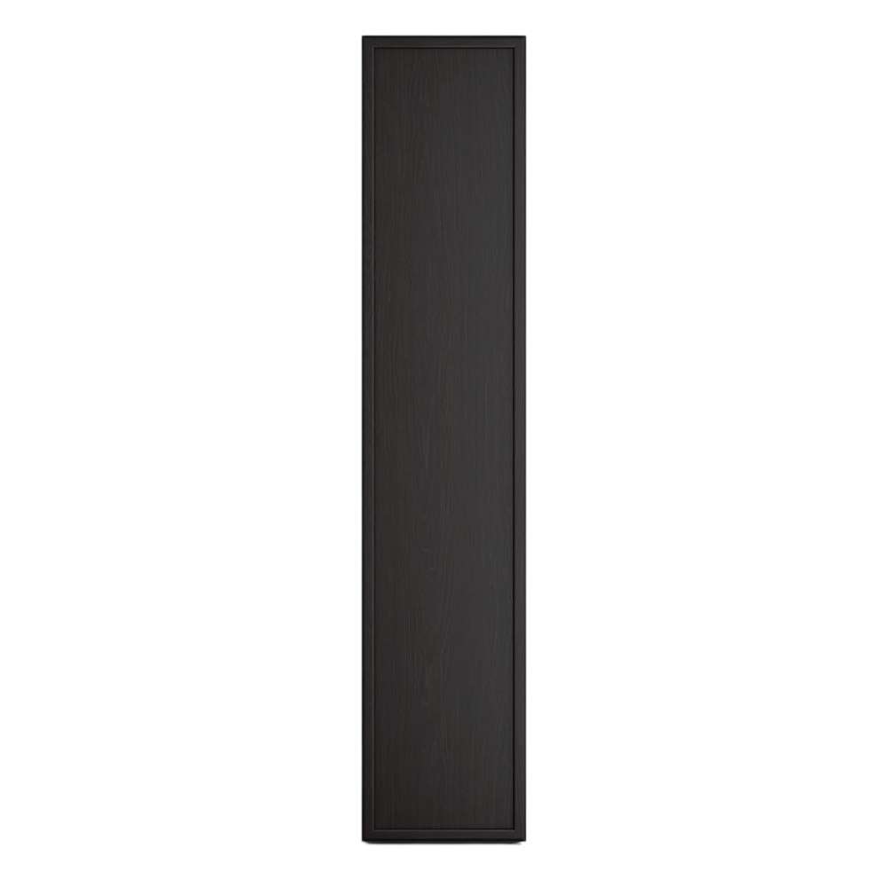Side profile of Crate & Barrel Siena 34" Black Wood 4-Shelf Storage Bookcase with Drawer showcasing its slim black wood design
