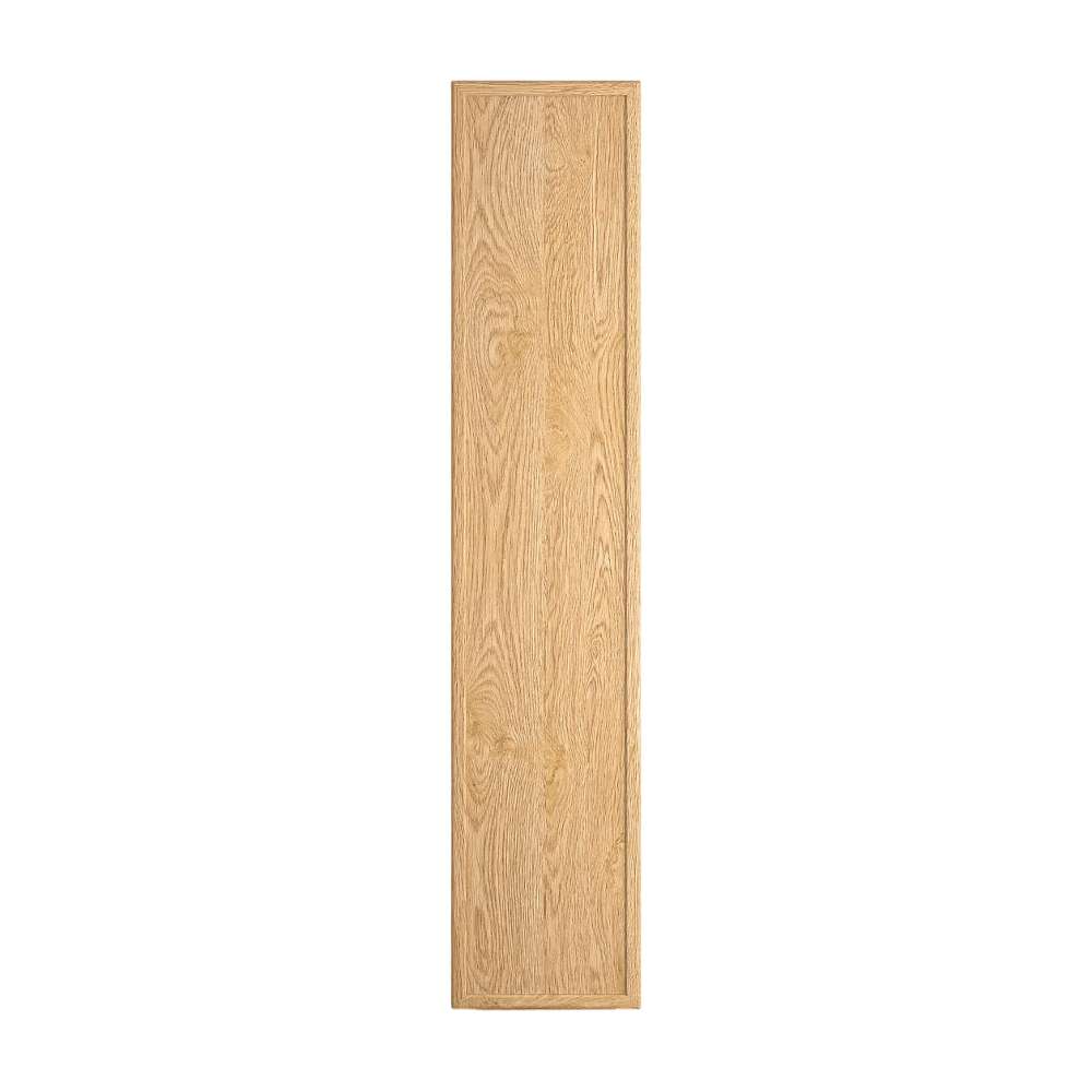 Side profile of Crate & Barrel Siena 34" Natural Wood 4-Shelf Storage Bookcase with Drawer showcasing its tall and narrow design