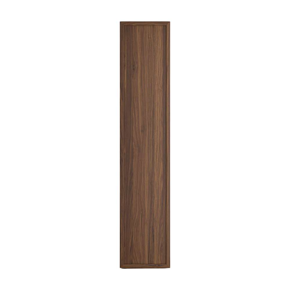 Side profile of Crate & Barrel Siena 34" Walnut Wood 4-Shelf Storage Bookcase with Drawer showcasing its tall narrow design