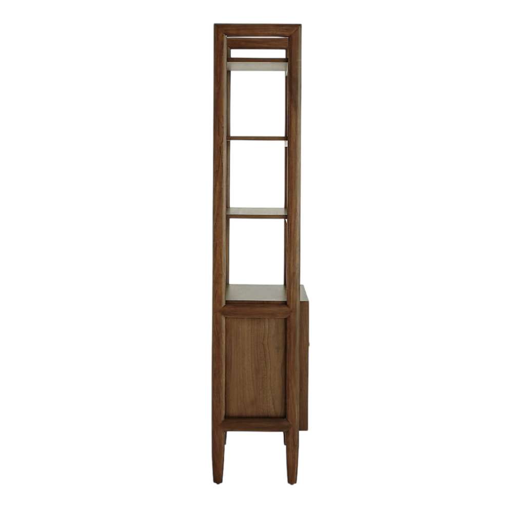 Side profile of Crate & Barrel Tate Walnut Bookcase File Cabinet showing its slim footprint, tall shelving frame, and enclosed storage section