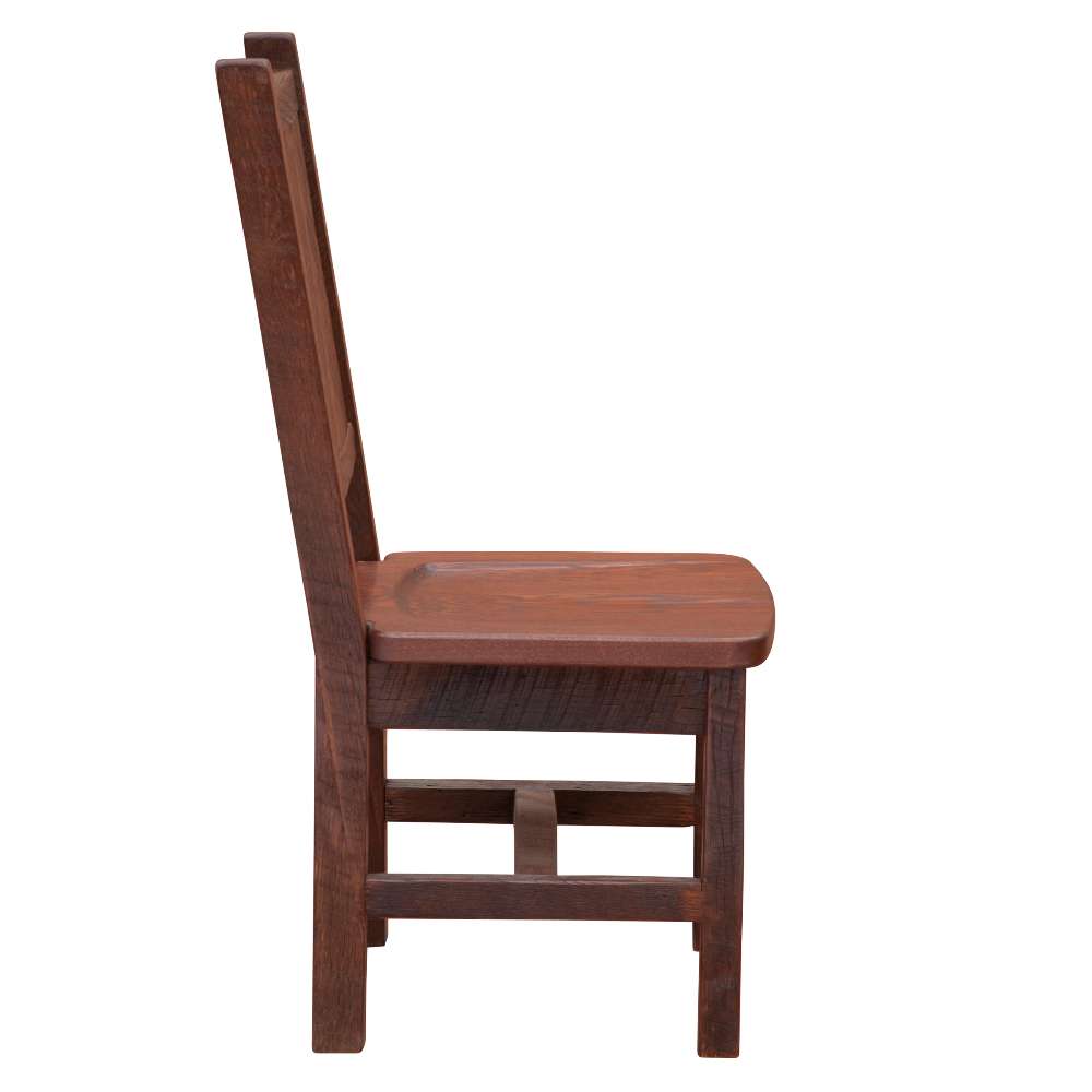 Side profile of Fireside Lodge Barnwood Artisan Dining Side Chair showing the straight backrest, solid legs, and reinforced wood frame