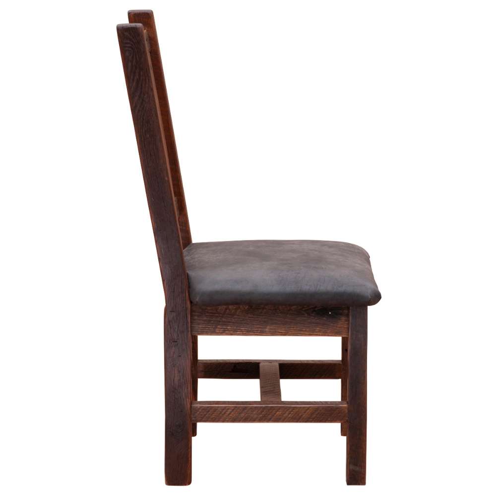 Side profile of Fireside Lodge Barnwood Prairie Dining Side Chair showing the tall back, padded seat, and strong wooden support rails