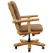 Side profile of Fireside Lodge Cedar Log Upholstered Executive Chair shows the thick upholstered seat, straight log arms, tall padded back, and adjustable rolling base