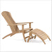 Side profile of Westminster Teak Adirondack Lounger and Ottoman showing the reclined teak chair and matching slatted footrest