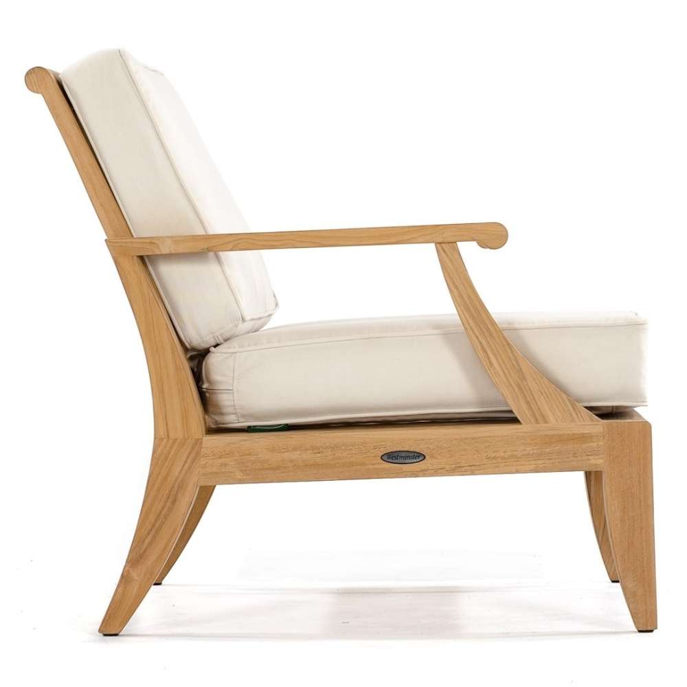 Side profile of Westminster Teak Laguna Sofa highlights its slightly reclined backrest, wide armrest, and supportive cushioned seat