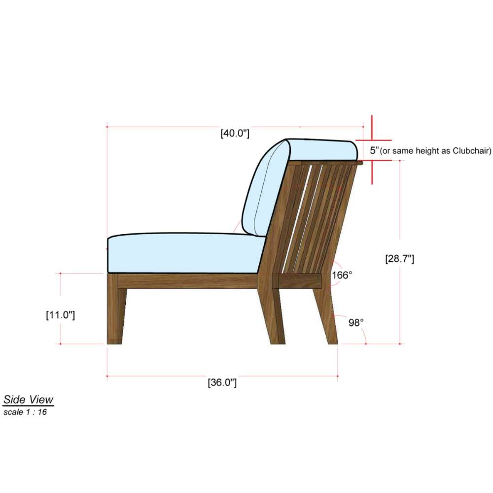 Side-view diagram of Westminster Teak Kafelonia Sofa Sectional highlights its angled backrest, seat height, and detailed measurements