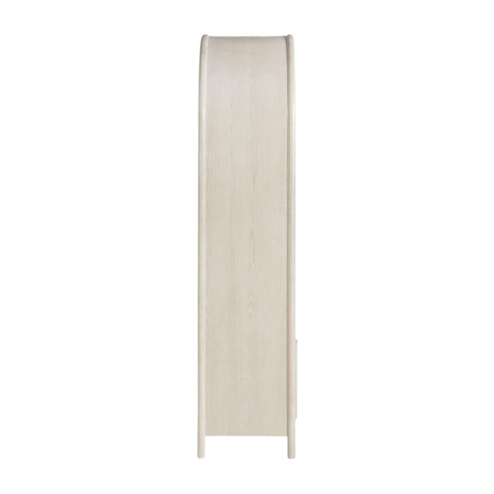 Side view of Crate & Barrel Annie 38" Whitewashed Wood Storage Bookcase with Shelves showing its slim profile and arched shape