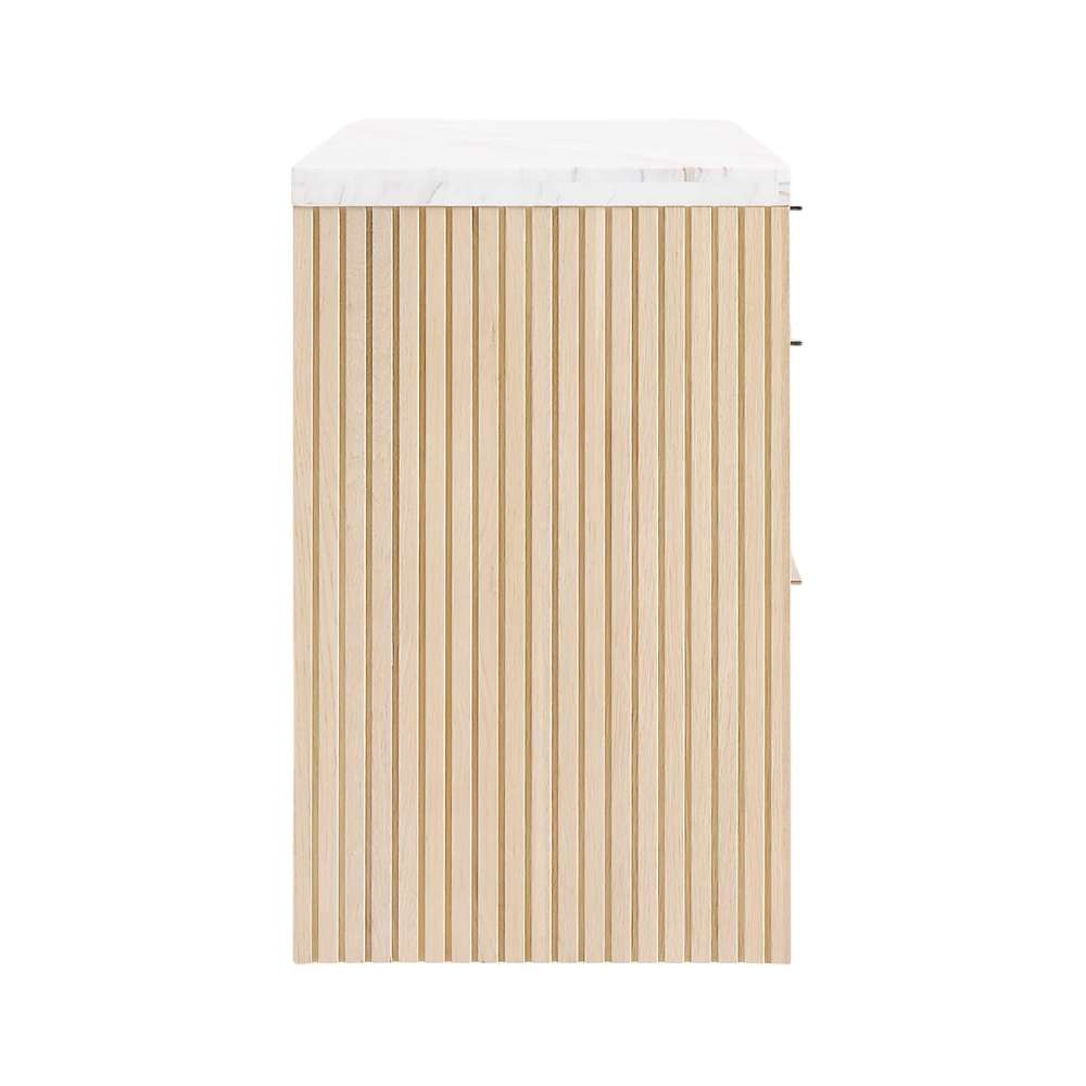 Side view of Crate & Barrel Batten 62" White Oak Wood Console Desk with White Marble Top showcasing its fluted wood design