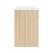 Side view of Crate & Barrel Batten 62" White Oak Wood Console Desk with White Marble Top showcasing its fluted wood design